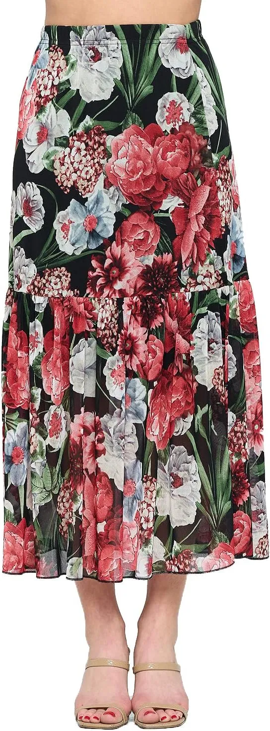 Jostar Women's Mesh Midi Skirt - Elastic Waist Tiered Print Long Dress