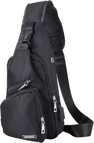 JUMO CYLY Mens Sling Bag, Leather Sling Bag with USB Charging Port Waterproof Casual Daypack Chest Crossbody Bag