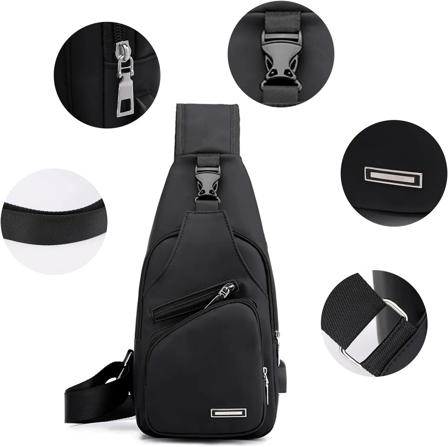 JUMO CYLY Mens Sling Bag, Leather Sling Bag with USB Charging Port Waterproof Casual Daypack Chest Crossbody Bag