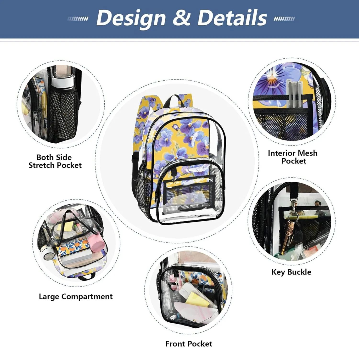 JUNZAN Cute Violet Yellow Classic Kids Backpack See Through Student Book Bags Elementary