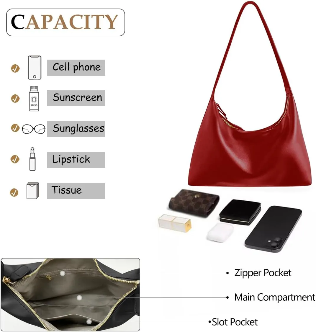 JYG Leather Hobo Bags for Women Small Soft Shoulder Purse Slouchy Tote Handbags with Double Zipper Design 2025