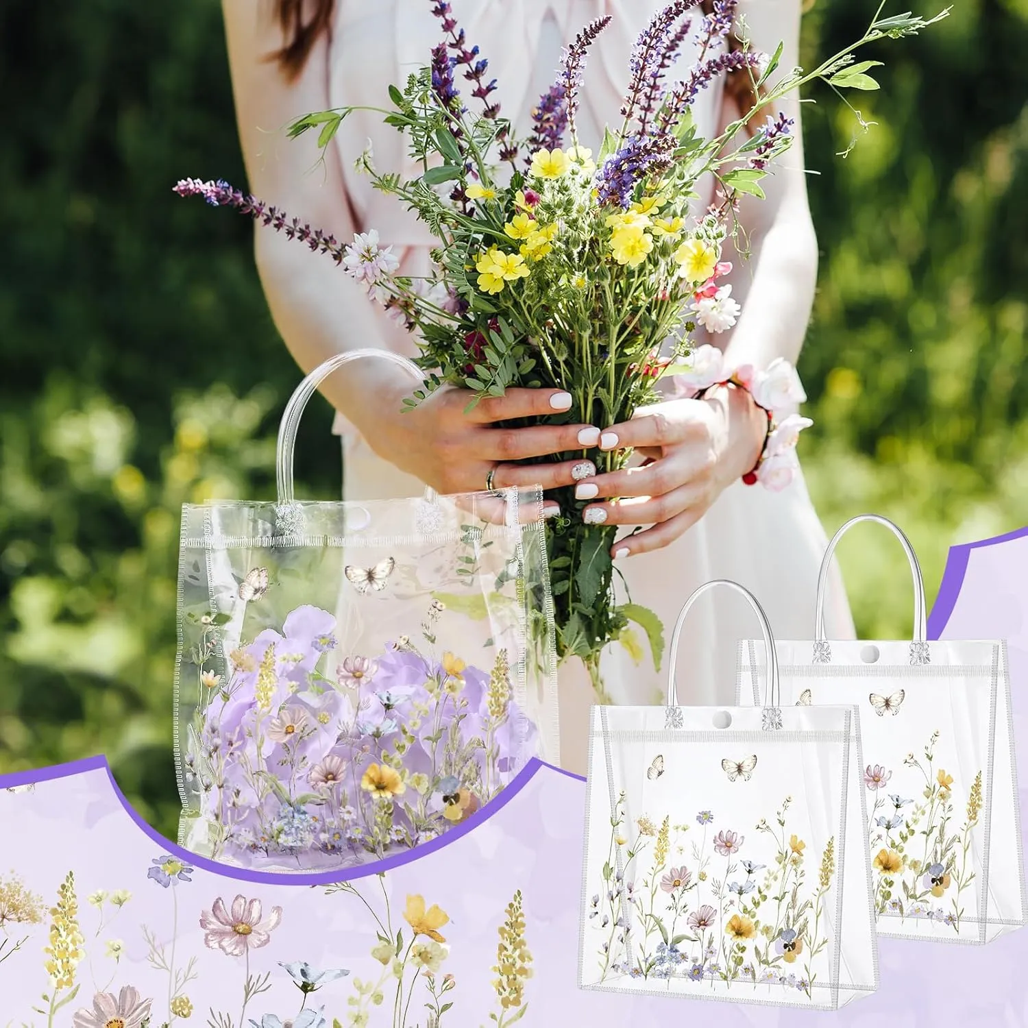 Kacctyen 24 Pcs Wildflower Gift Bags Wildflower Theme Clear PVC Bags with Handles Flower Party Favors for Wedding Birthday Baby Shower Party Supplies Return Gift Wrap Totes for Guests