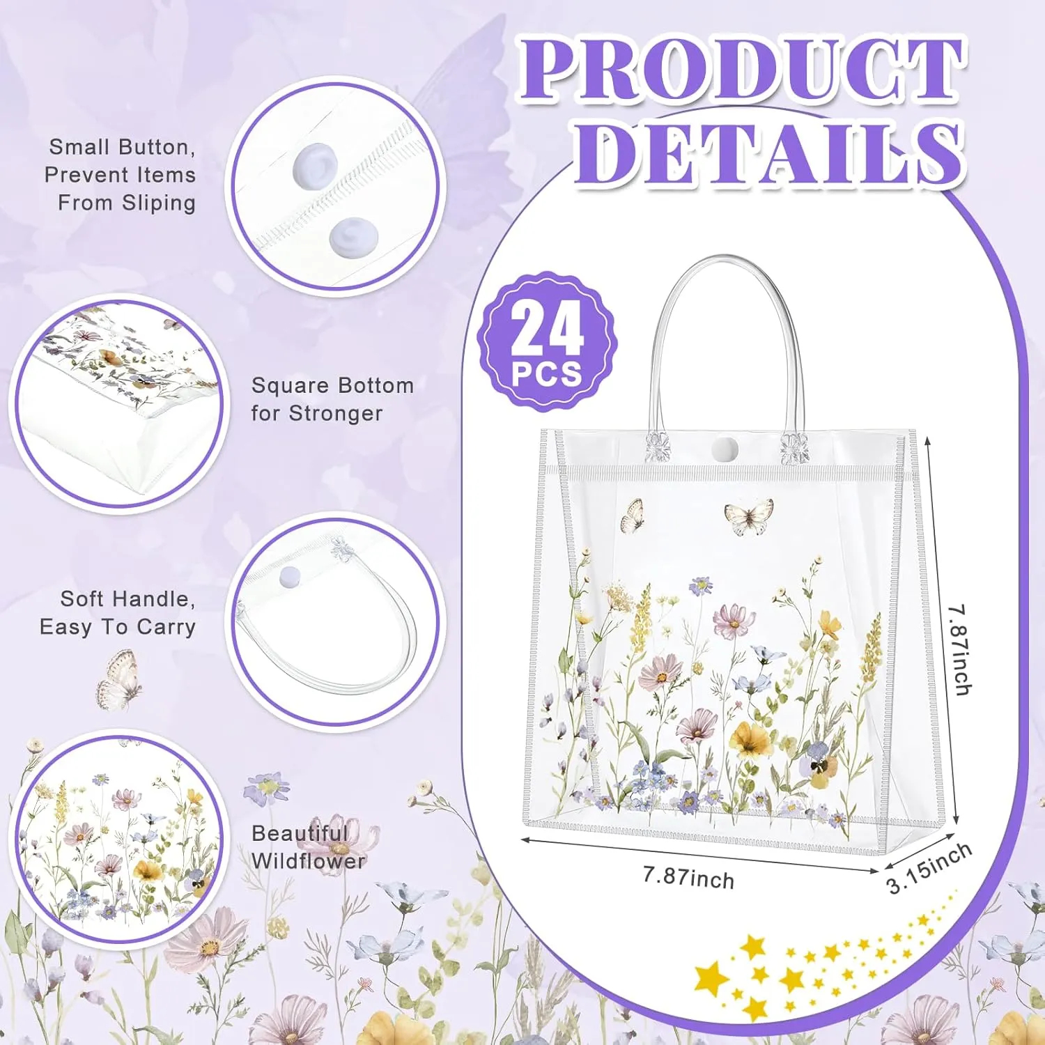 Kacctyen 24 Pcs Wildflower Gift Bags Wildflower Theme Clear PVC Bags with Handles Flower Party Favors for Wedding Birthday Baby Shower Party Supplies Return Gift Wrap Totes for Guests