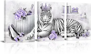 Kalormore Purple Fashion Accessories Poster Elegant Glam Tiger with Queen Crown High Heel Shoes Perfume Inllustration Canvas Prints Gallery Wrapped Artwork for Woman Girls Bedroom Makeup Room