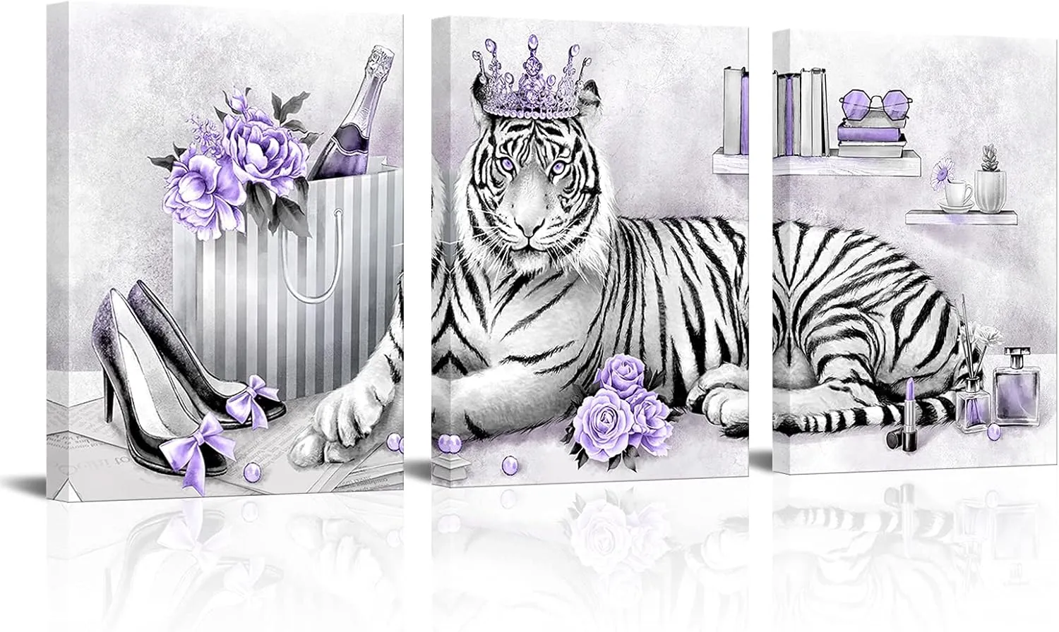 Kalormore Purple Fashion Accessories Poster Elegant Glam Tiger with Queen Crown High Heel Shoes Perfume Inllustration Canvas Prints Gallery Wrapped Artwork for Woman Girls Bedroom Makeup Room