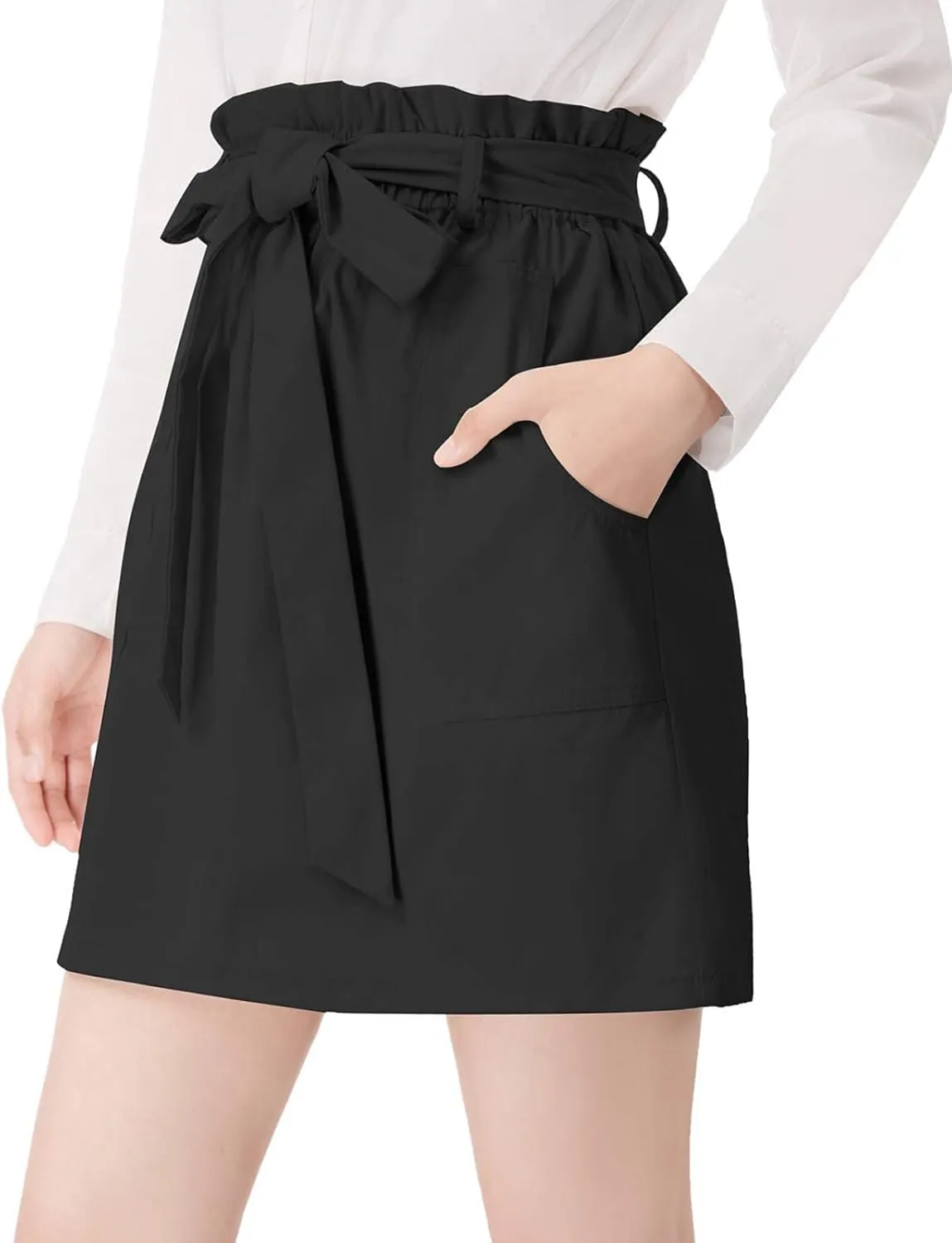 KANCY KOLE Women's Casual High Waist A Line Skirt Paper Bag Elastic Waist Short Skirt with Pockets S-XXL