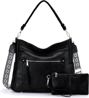Kasqo Hobo Bags for Women,Medium Vegan Leather Handbag with Wallet Pouch Set Guitar Strap Crossbody Tote Purse Shoulder Bag