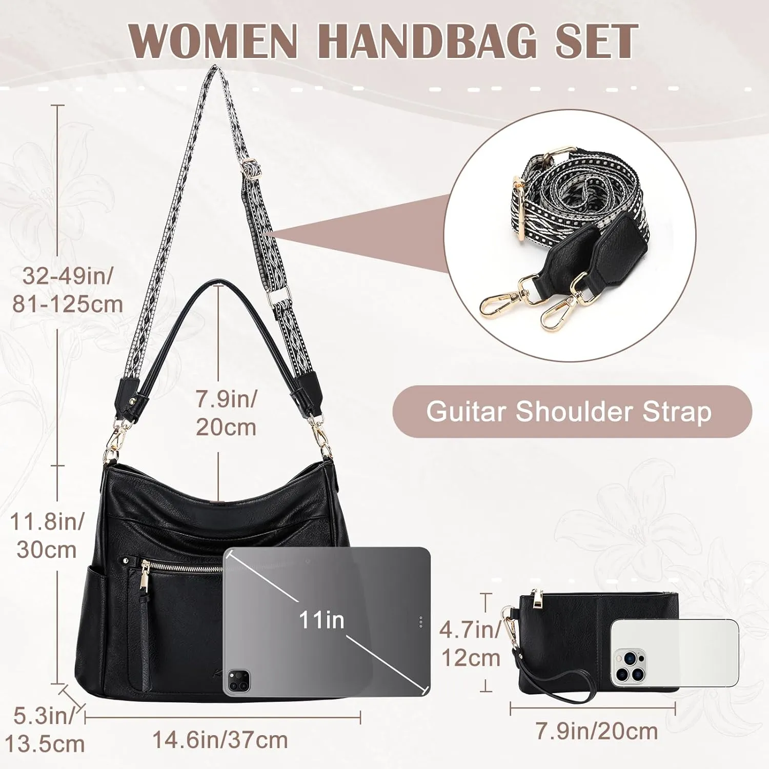 Kasqo Hobo Bags for Women,Medium Vegan Leather Handbag with Wallet Pouch Set Guitar Strap Crossbody Tote Purse Shoulder Bag
