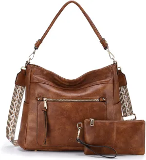 Kasqo Hobo Bags for Women,Medium Vegan Leather Handbag with Wallet Pouch Set Guitar Strap Crossbody Tote Purse Shoulder Bag