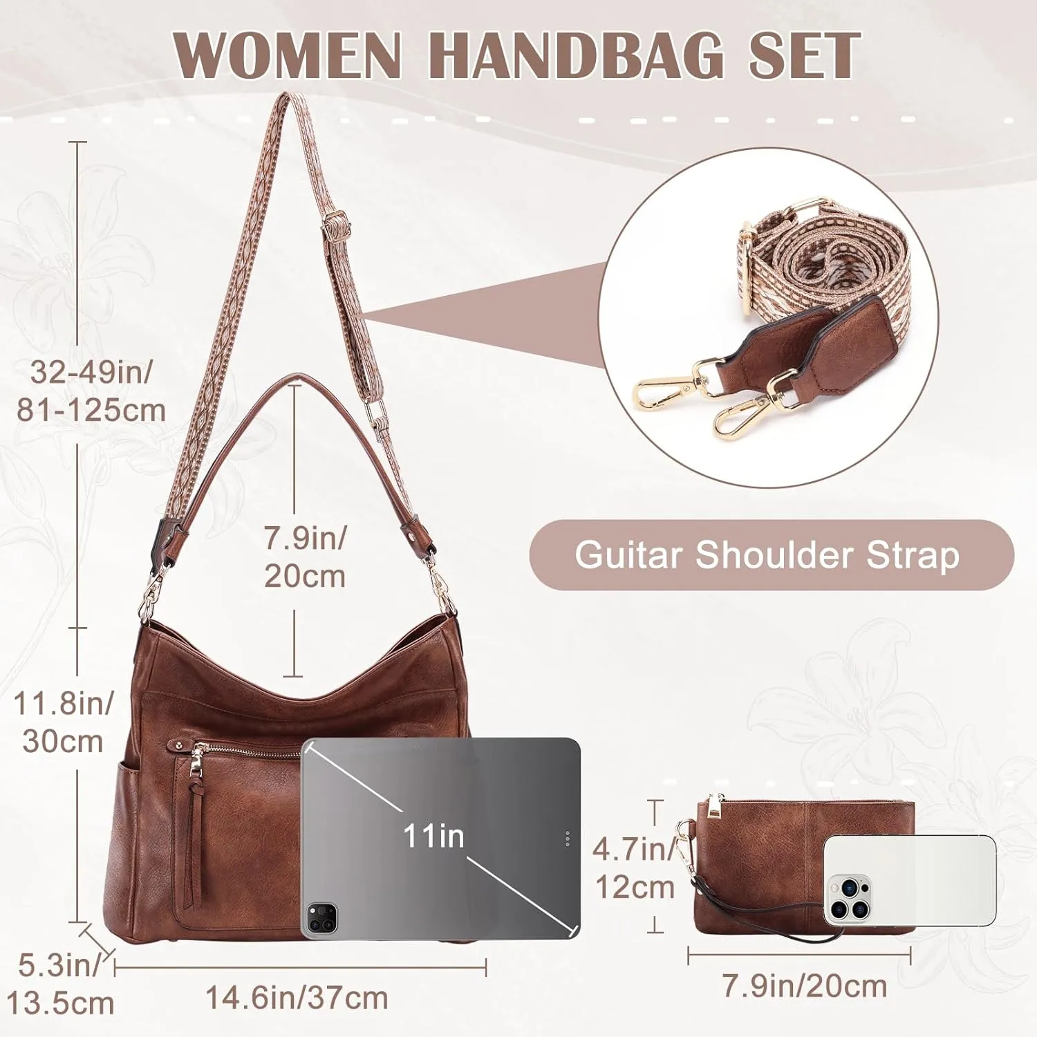 Kasqo Hobo Bags for Women,Medium Vegan Leather Handbag with Wallet Pouch Set Guitar Strap Crossbody Tote Purse Shoulder Bag