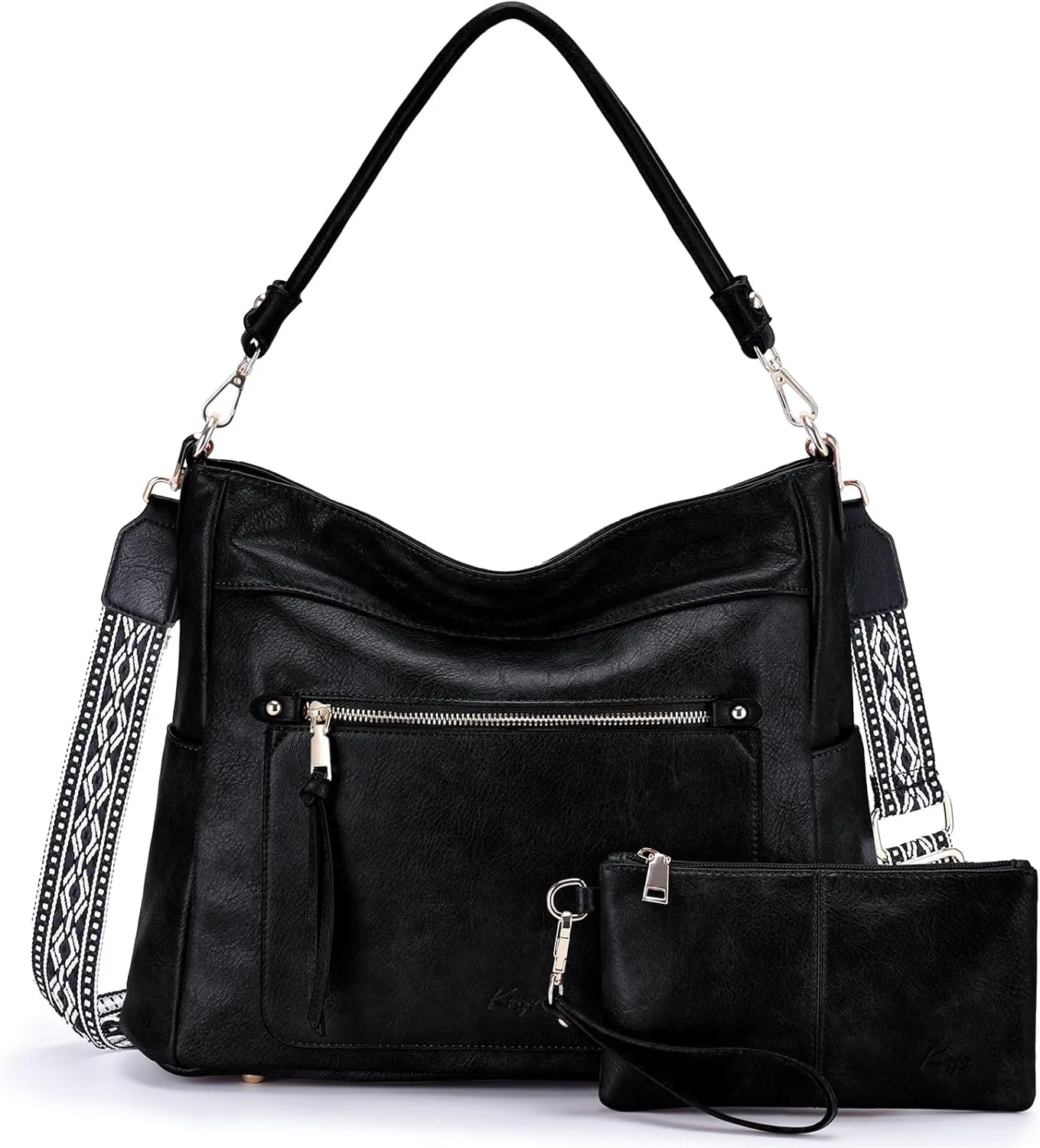 Kasqo Hobo Bags for Women,Medium Vegan Leather Handbag with Wallet Pouch Set Guitar Strap Crossbody Tote Purse Shoulder Bag