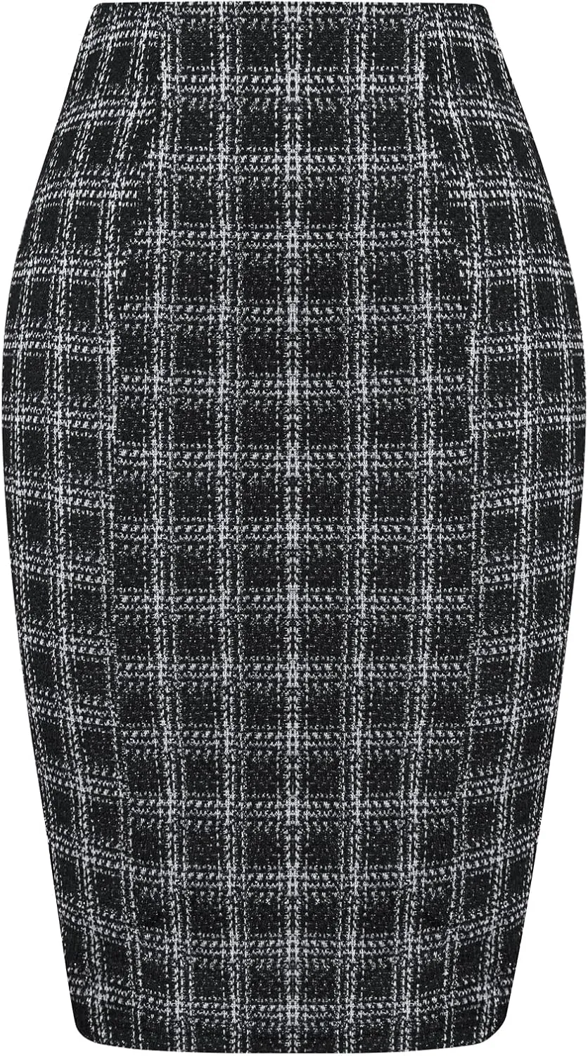 Kate Kasin Womens Knee Length Elastic Waist Stretchy Bodycon Business Tweed Pencil Skirt