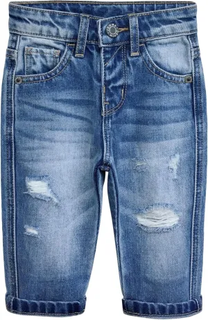 KIDSCOOL SPACE Infant Jeans,Baby Toddler Elastic Band Inside with D-Ring Distressed Soft Denim Pants