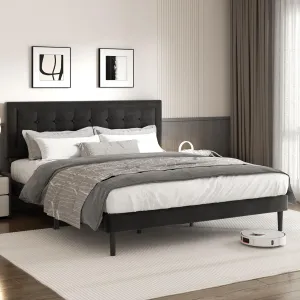 King Size Bed Frame with Headboard, Platform Bed Frame with Velvet Upholstered Button Tufted Headboard, Wood Slats Support, No Box Spring Needed, Mattress Foundation, Easy Assembly, Black