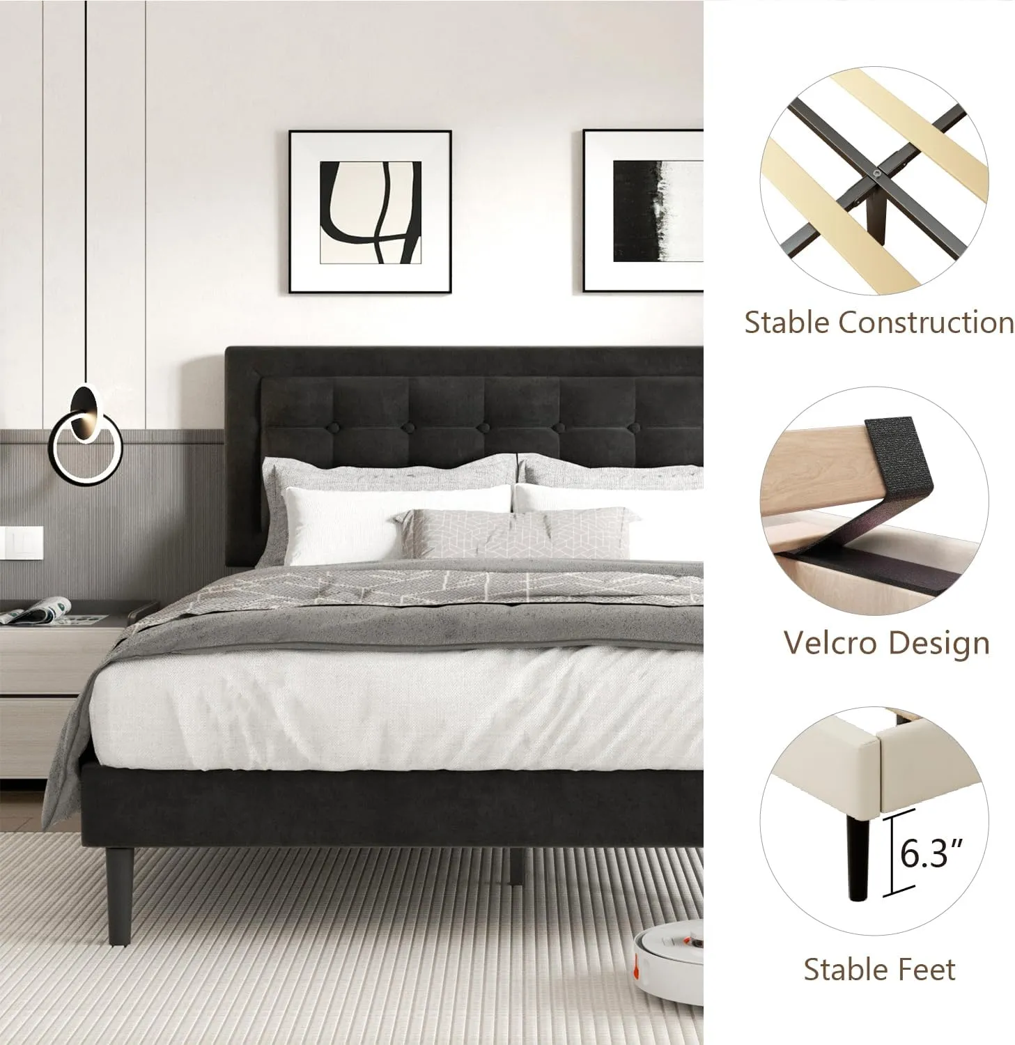 King Size Bed Frame with Headboard, Platform Bed Frame with Velvet Upholstered Button Tufted Headboard, Wood Slats Support, No Box Spring Needed, Mattress Foundation, Easy Assembly, Black