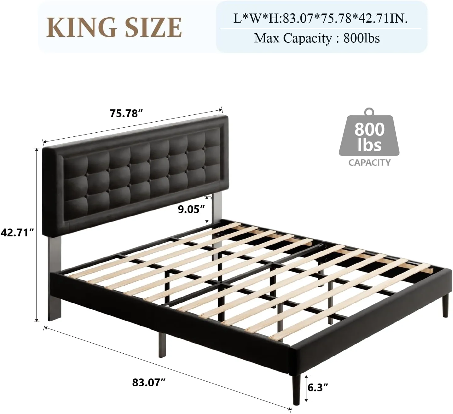 King Size Bed Frame with Headboard, Platform Bed Frame with Velvet Upholstered Button Tufted Headboard, Wood Slats Support, No Box Spring Needed, Mattress Foundation, Easy Assembly, Black