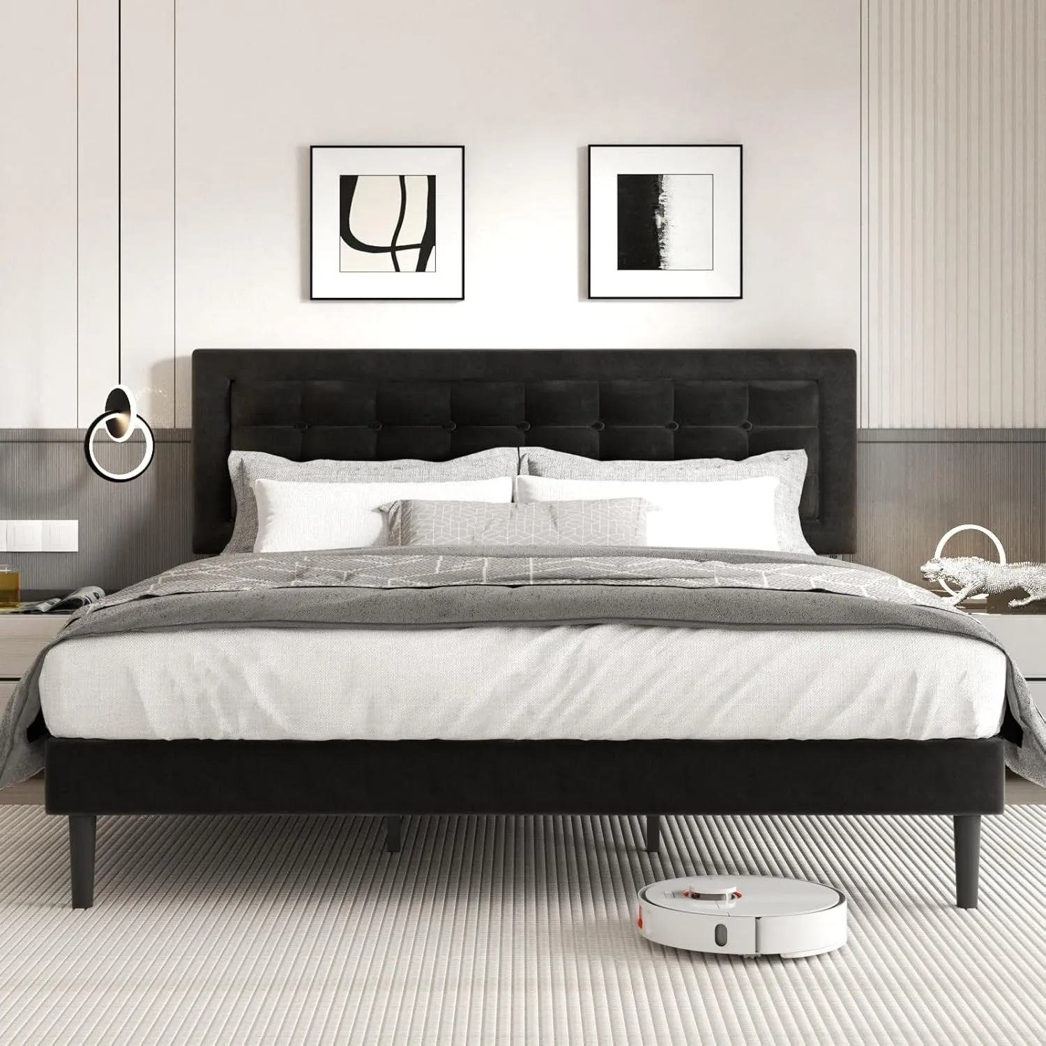 King Size Bed Frame with Headboard, Platform Bed Frame with Velvet Upholstered Button Tufted Headboard, Wood Slats Support, No Box Spring Needed, Mattress Foundation, Easy Assembly, Black