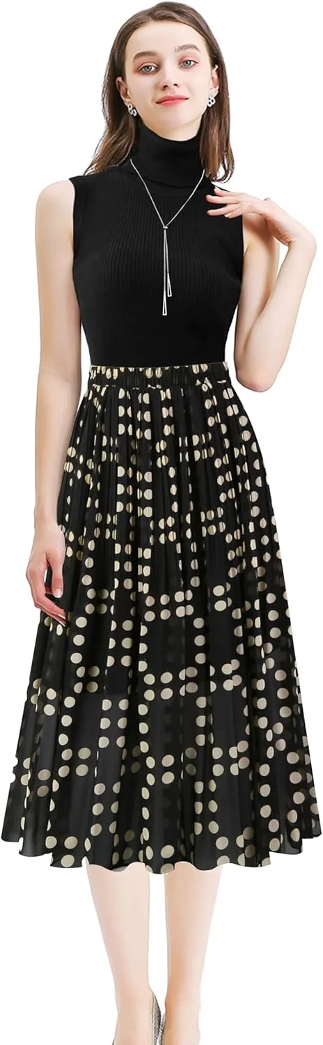 Kingfancy Women's Pleated Skirt Chiffon Elastic Waist A-Line Midi Length Skirt