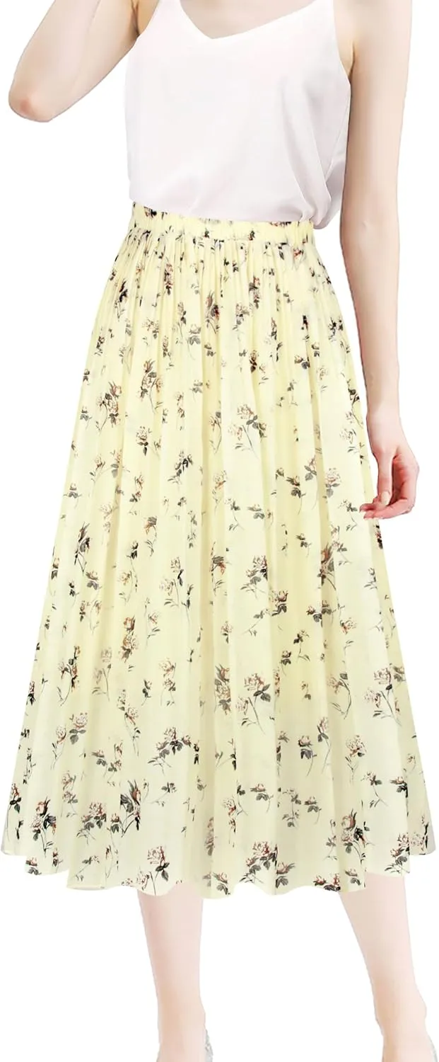 Kingfancy Women's Pleated Skirt Chiffon Elastic Waist A-Line Midi Length Skirt