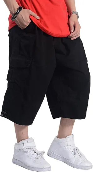 Kinghua Baggy Cargo Shorts for Men Elastic Waist Loose Fit Cotton Twill Below Knee Long Shorts