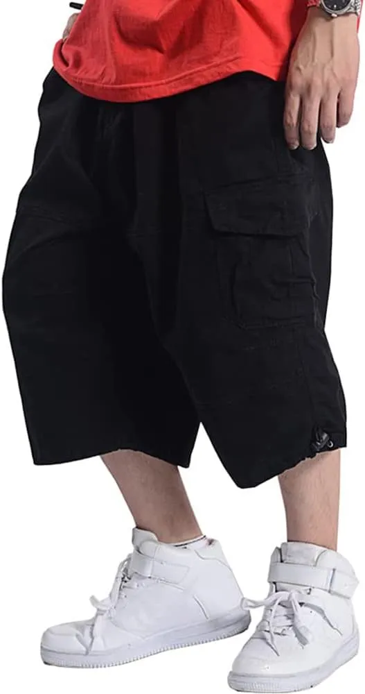 Kinghua Baggy Cargo Shorts for Men Elastic Waist Loose Fit Cotton Twill Below Knee Long Shorts