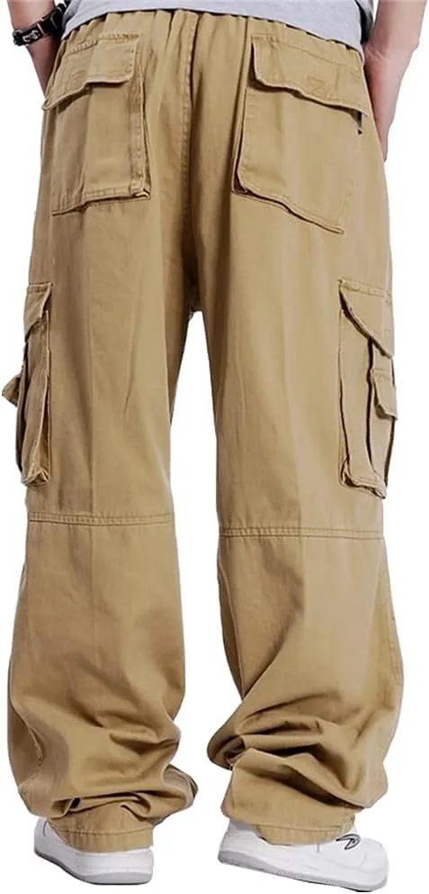 Kinghua Mens Baggy Cargo Pants Casual Loose Fit Elastic Waist Cotton Twill Cargo Pants