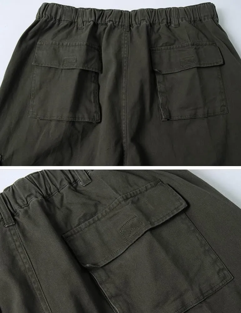 Kinghua Mens Baggy Cargo Pants Casual Loose Fit Elastic Waist Cotton Twill Cargo Pants