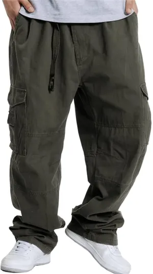 Kinghua Mens Baggy Cargo Pants Casual Loose Fit Elastic Waist Cotton Twill Cargo Pants
