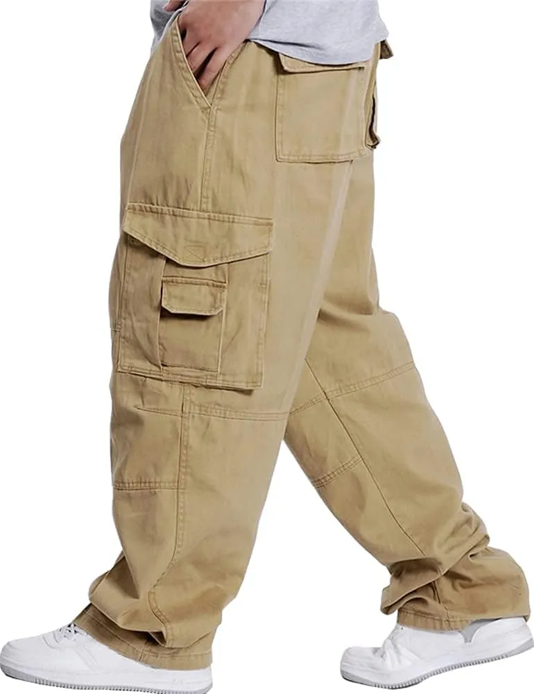 Kinghua Mens Baggy Cargo Pants Casual Loose Fit Elastic Waist Cotton Twill Cargo Pants