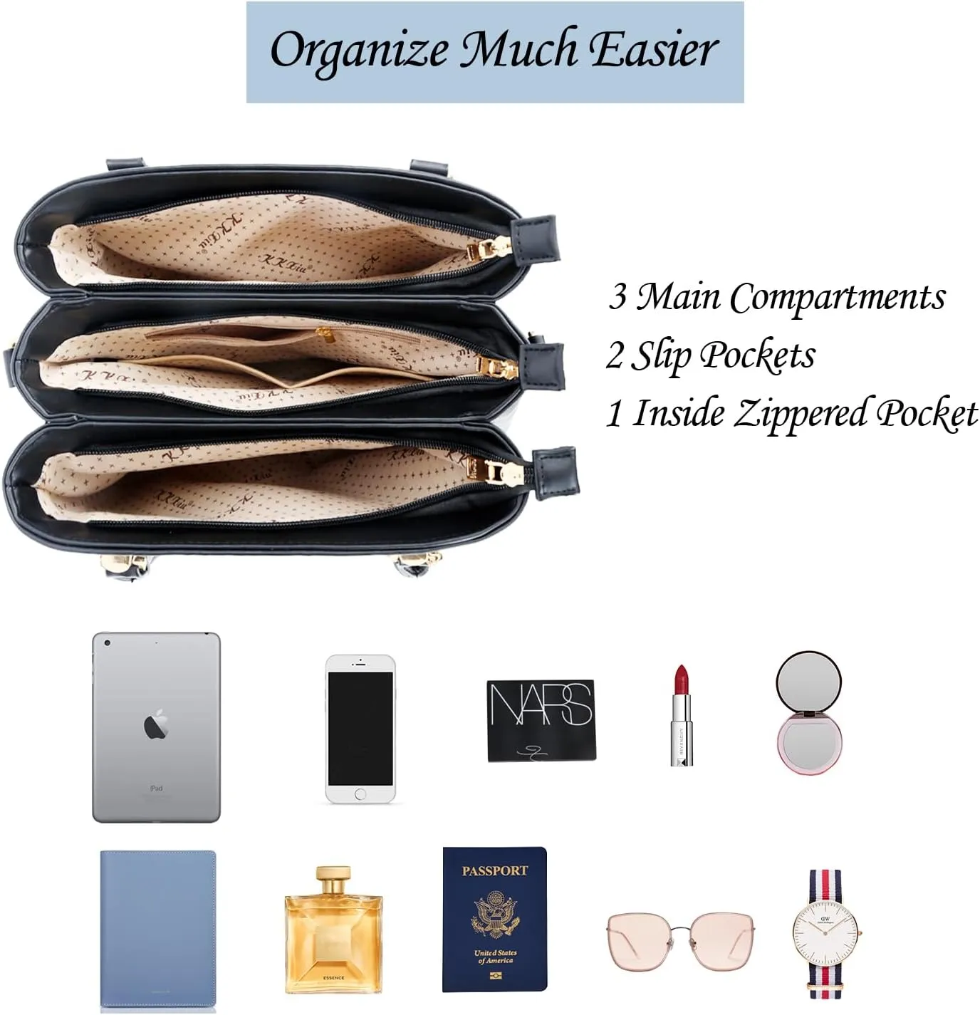 KKXIU 3 Zippered Compartments Purses and Handbags for Women Top Handle Satchel Shoulder Ladies Bags