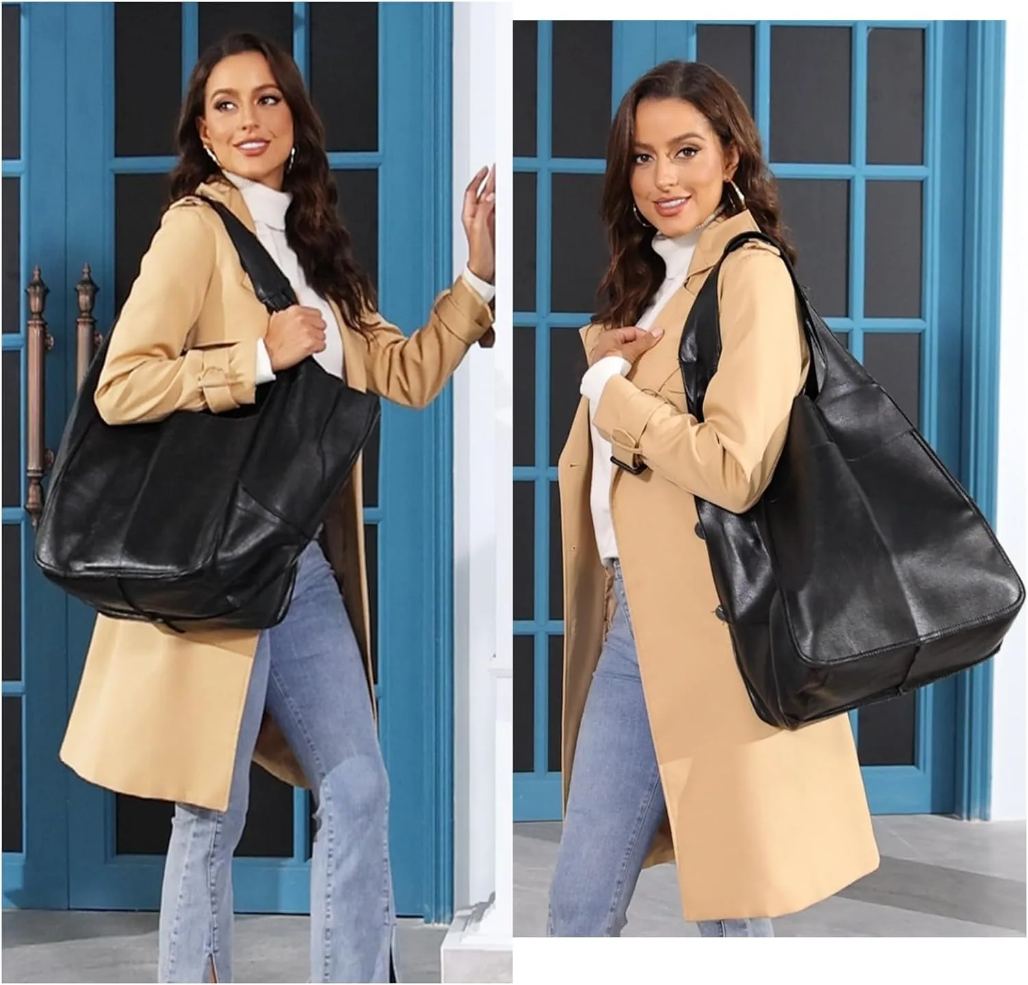 KlaOYer Oversized Leather Tote Bag Huge Capacity Work Hobo Pu Leather Bucket Purse And Handbag Large Soft Travel Shopping Bag