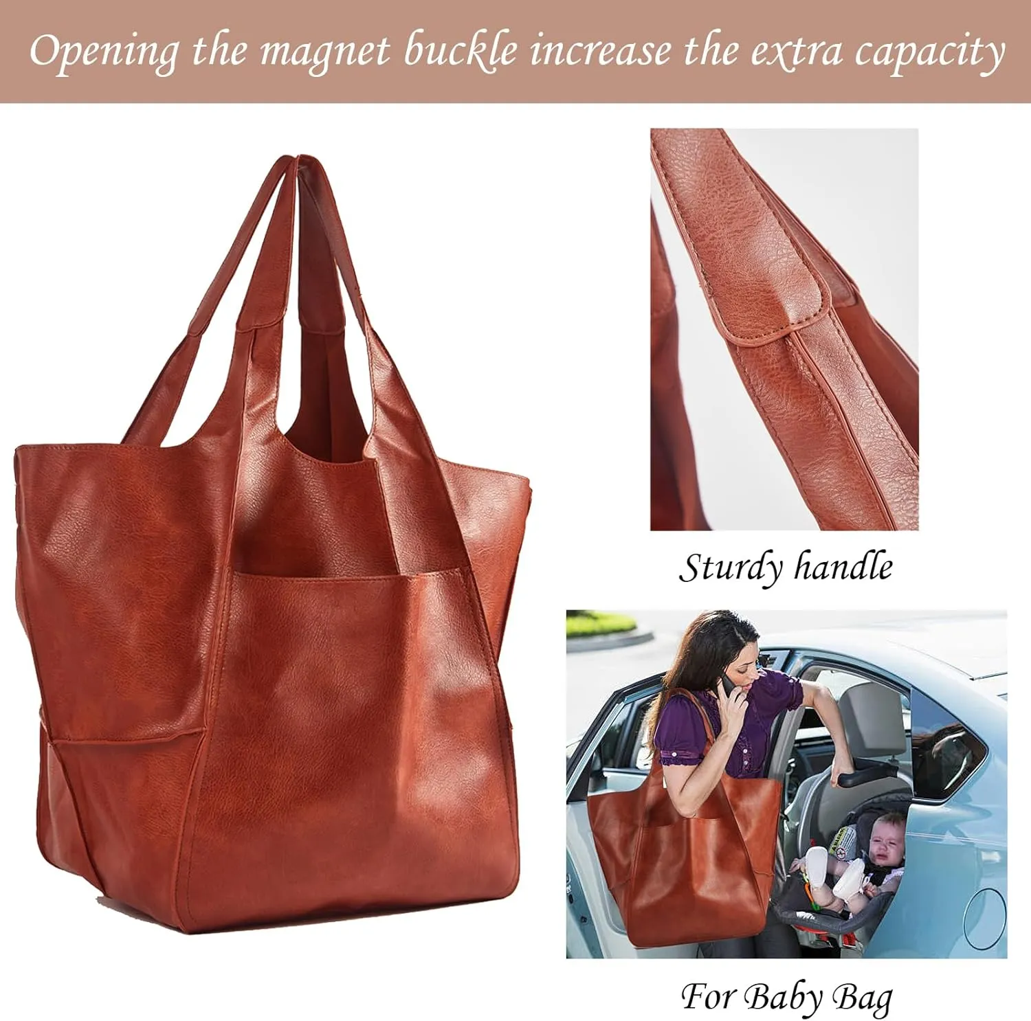 KlaOYer Oversized Leather Tote Bag Huge Capacity Work Hobo Pu Leather Bucket Purse And Handbag Large Soft Travel Shopping Bag
