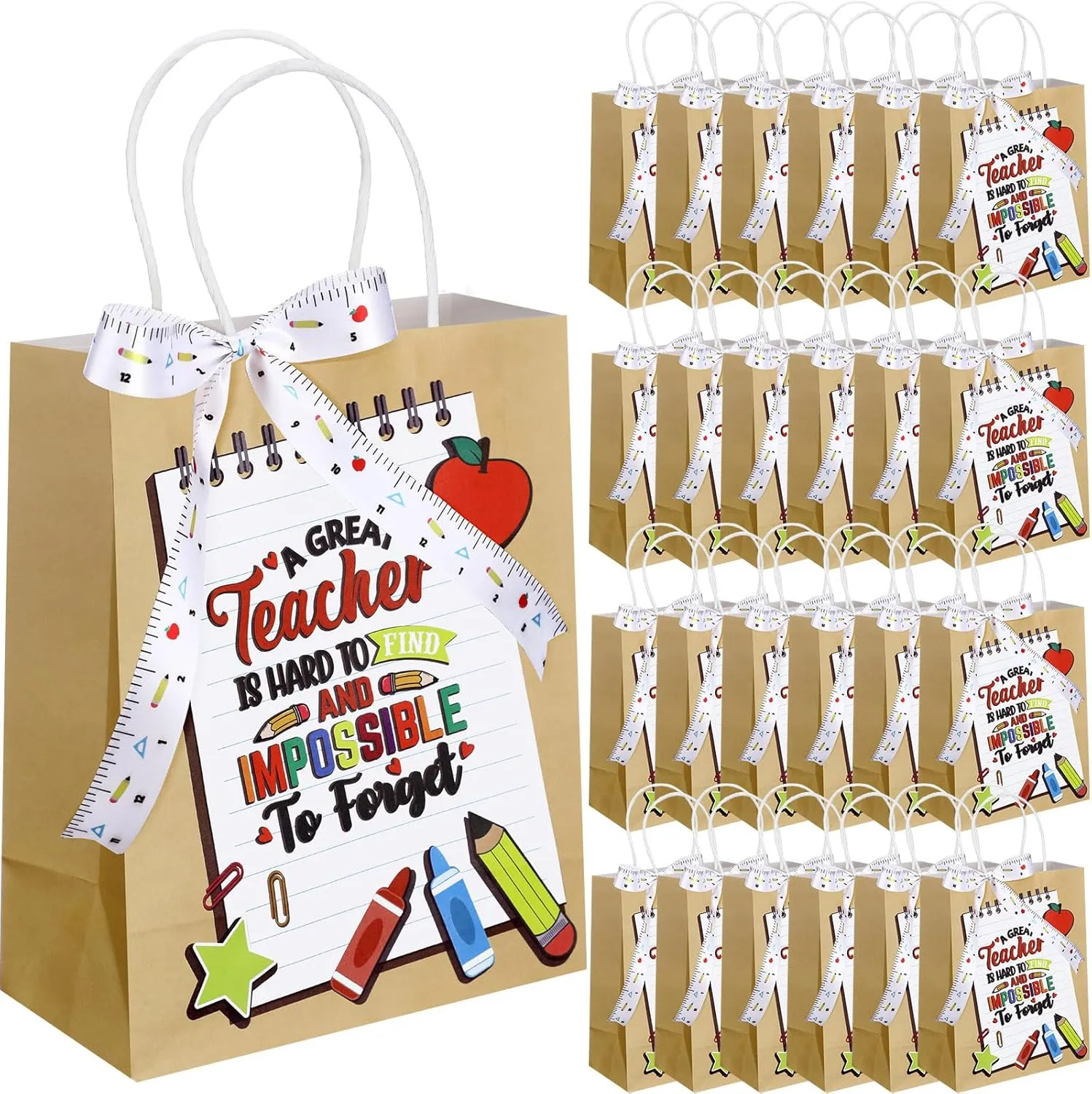 Kolldenn 24 Pcs Teacher Appreciation Gift Bags with Ribbon Thank You Teacher Kraft Paper Gift Bag 10.63'' x 8.27'' x 4.33'' with Handle for Graduation Retirement Appreciation Day End of School Year