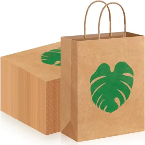 Kolldenn 48 Pcs Kraft Hawaiian Tropical Gift Bags Palm Leaves Luau Party Favor Goodie Treat Bags with Handle for Summer Hawaii Aloha Festival Party Supplies