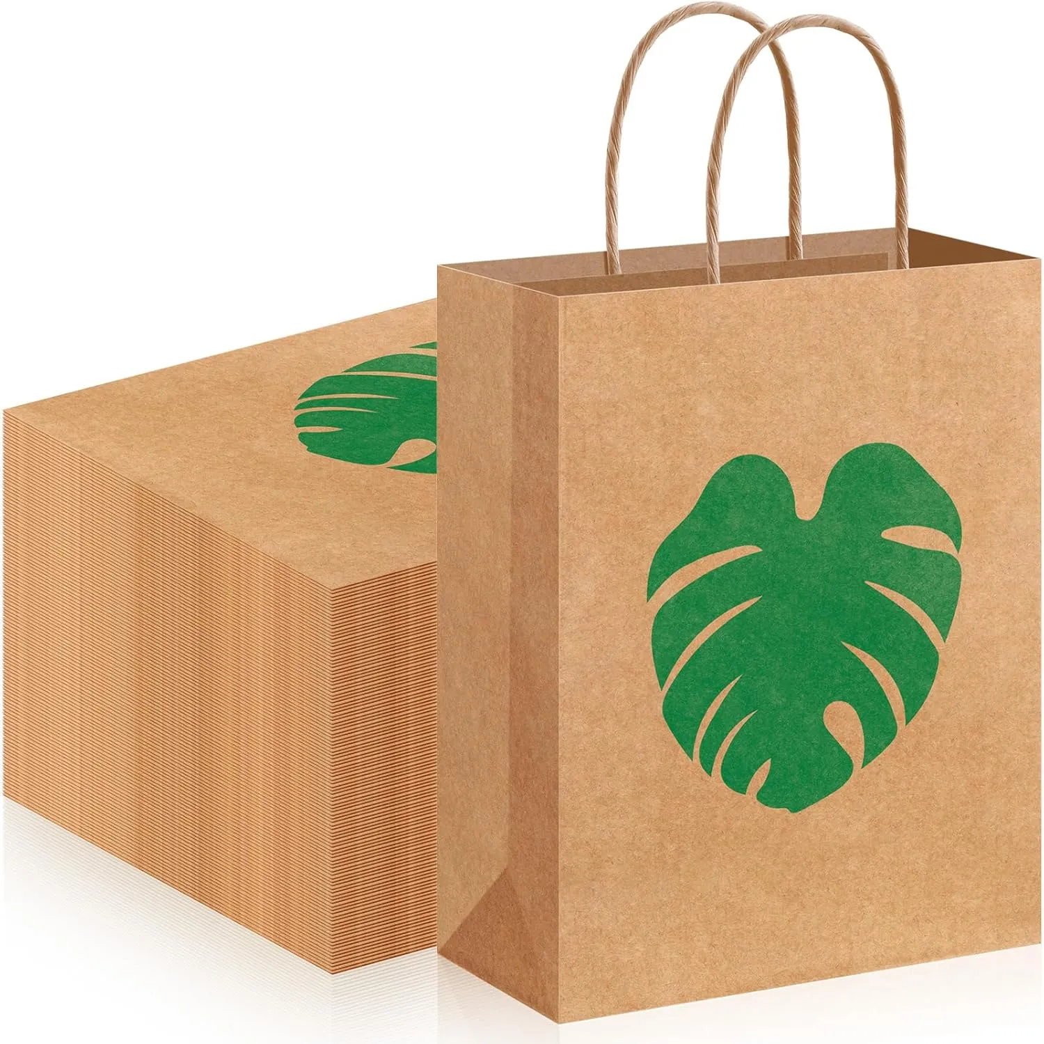 Kolldenn 48 Pcs Kraft Hawaiian Tropical Gift Bags Palm Leaves Luau Party Favor Goodie Treat Bags with Handle for Summer Hawaii Aloha Festival Party Supplies