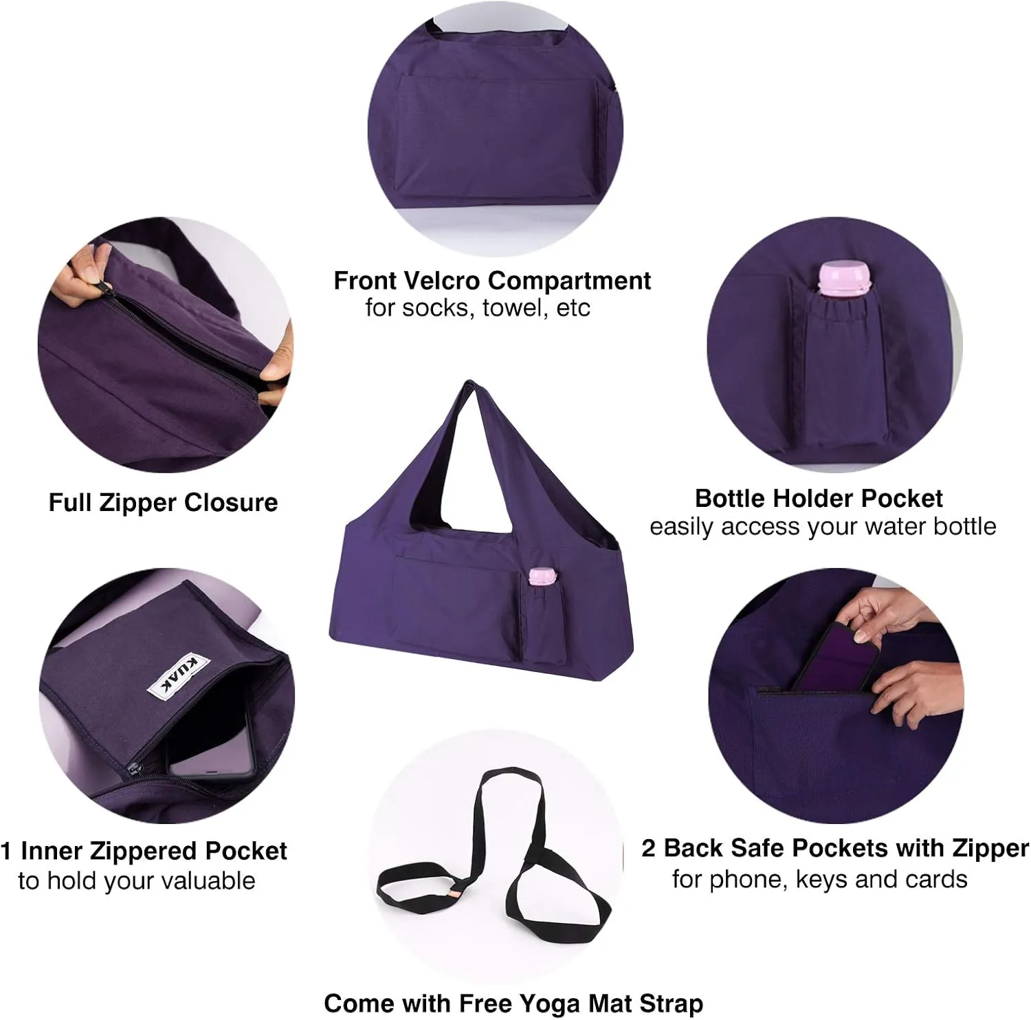 KUAK Extra Large Yoga Mat Bag with Zippered Top & 5 Pockets - Premium Canvas Tote with Yoga Mat Carrying Strap for Pilates, Gym, Fitness Block & Gear