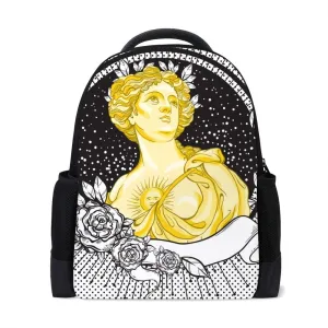 Kuizee Classic Backpack Schoolbag Adjustable Padded Shoulder Straps Daypack ﻿Romance Victorian Beautiful Lady Vintage Roses Frame Casual Bags Durable College Daily 16Inch