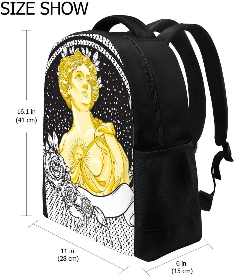 Kuizee Classic Backpack Schoolbag Adjustable Padded Shoulder Straps Daypack ﻿Romance Victorian Beautiful Lady Vintage Roses Frame Casual Bags Durable College Daily 16Inch