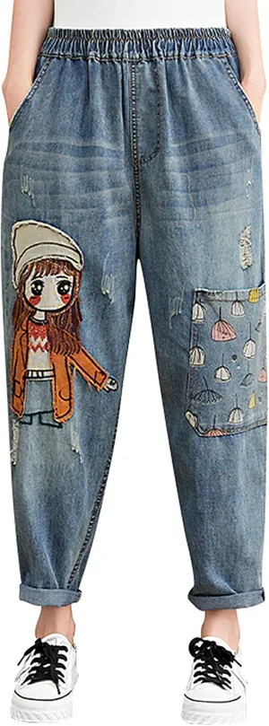 LAI MENG FIVE CATS Women Casual Jeans Denim Loose Pants Elastic Waist with Pocket