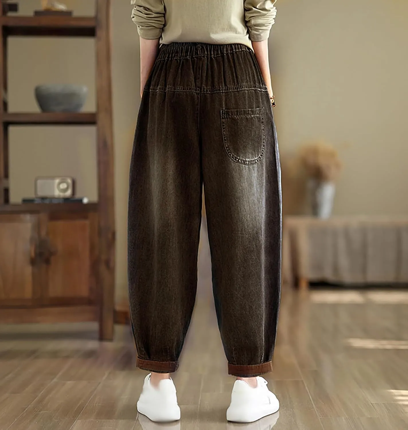 LAI MENG FIVE CATS Women Casual Jeans Denim Loose Pants Elastic Waist with Pocket