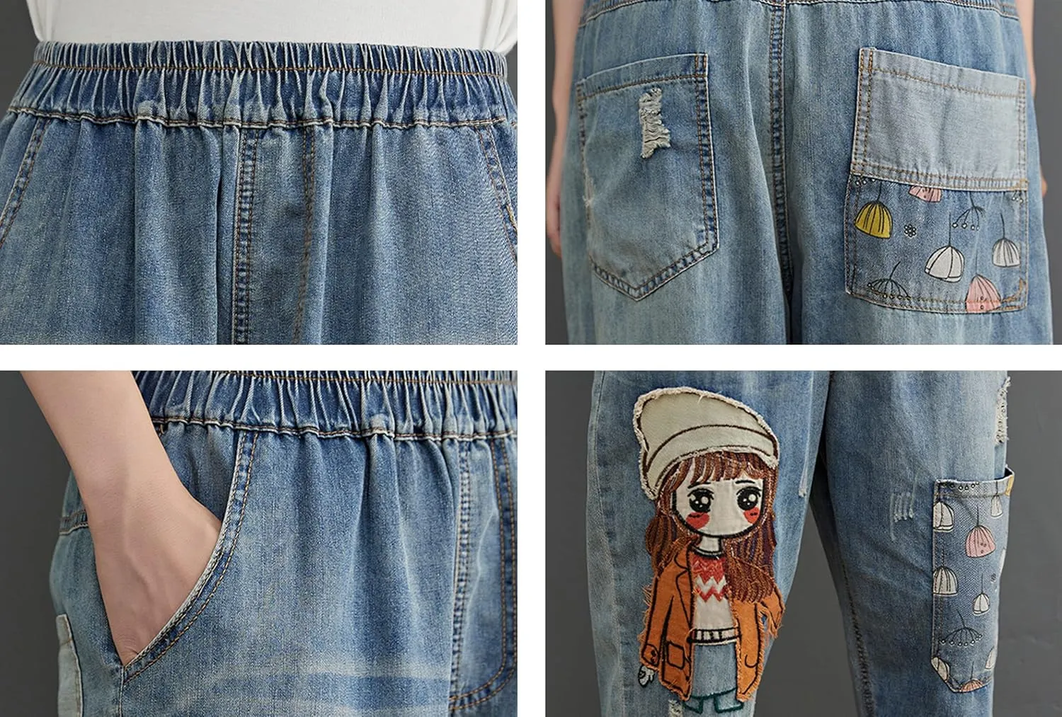 LAI MENG FIVE CATS Women Casual Jeans Denim Loose Pants Elastic Waist with Pocket