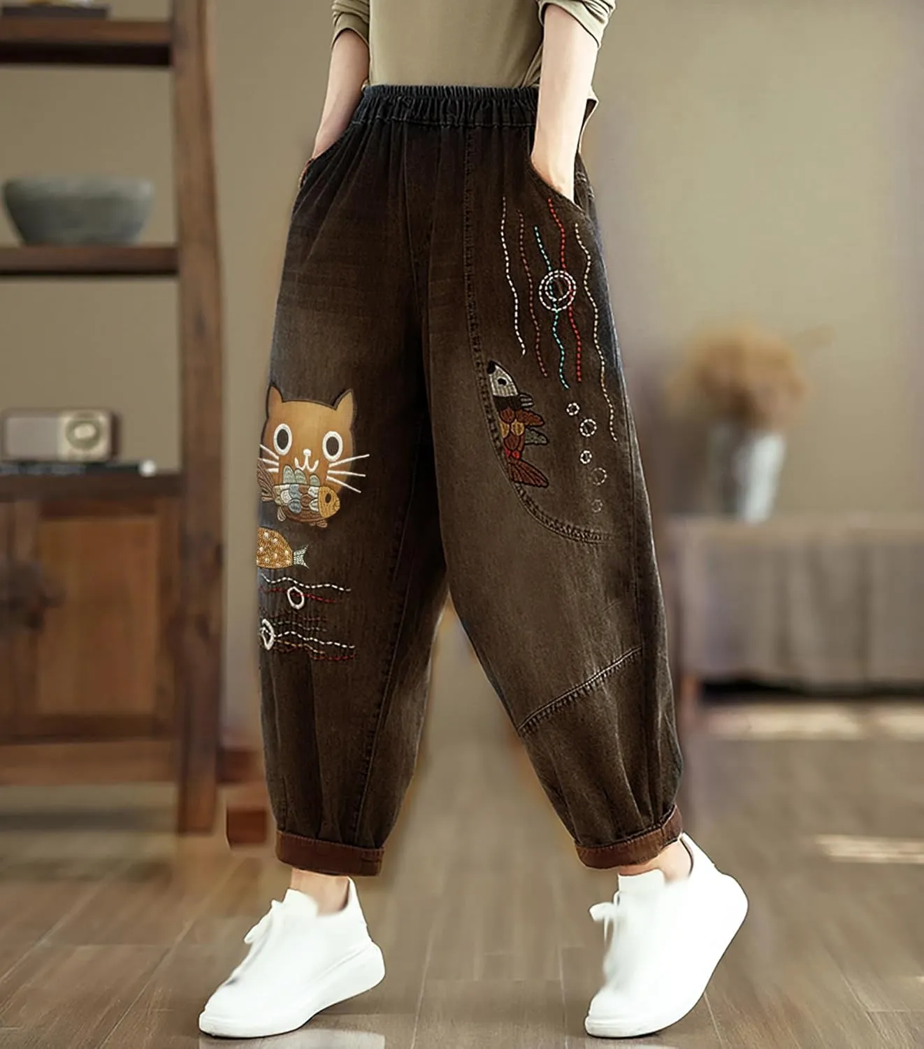 LAI MENG FIVE CATS Women Casual Jeans Denim Loose Pants Elastic Waist with Pocket