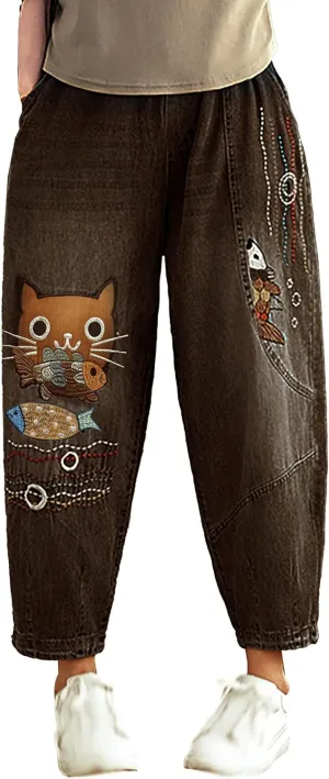 LAI MENG FIVE CATS Women Casual Jeans Denim Loose Pants Elastic Waist with Pocket