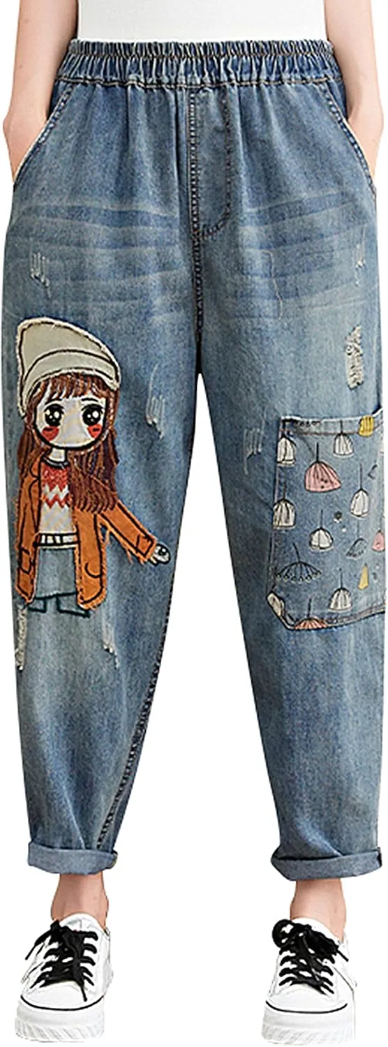 LAI MENG FIVE CATS Women Casual Jeans Denim Loose Pants Elastic Waist with Pocket