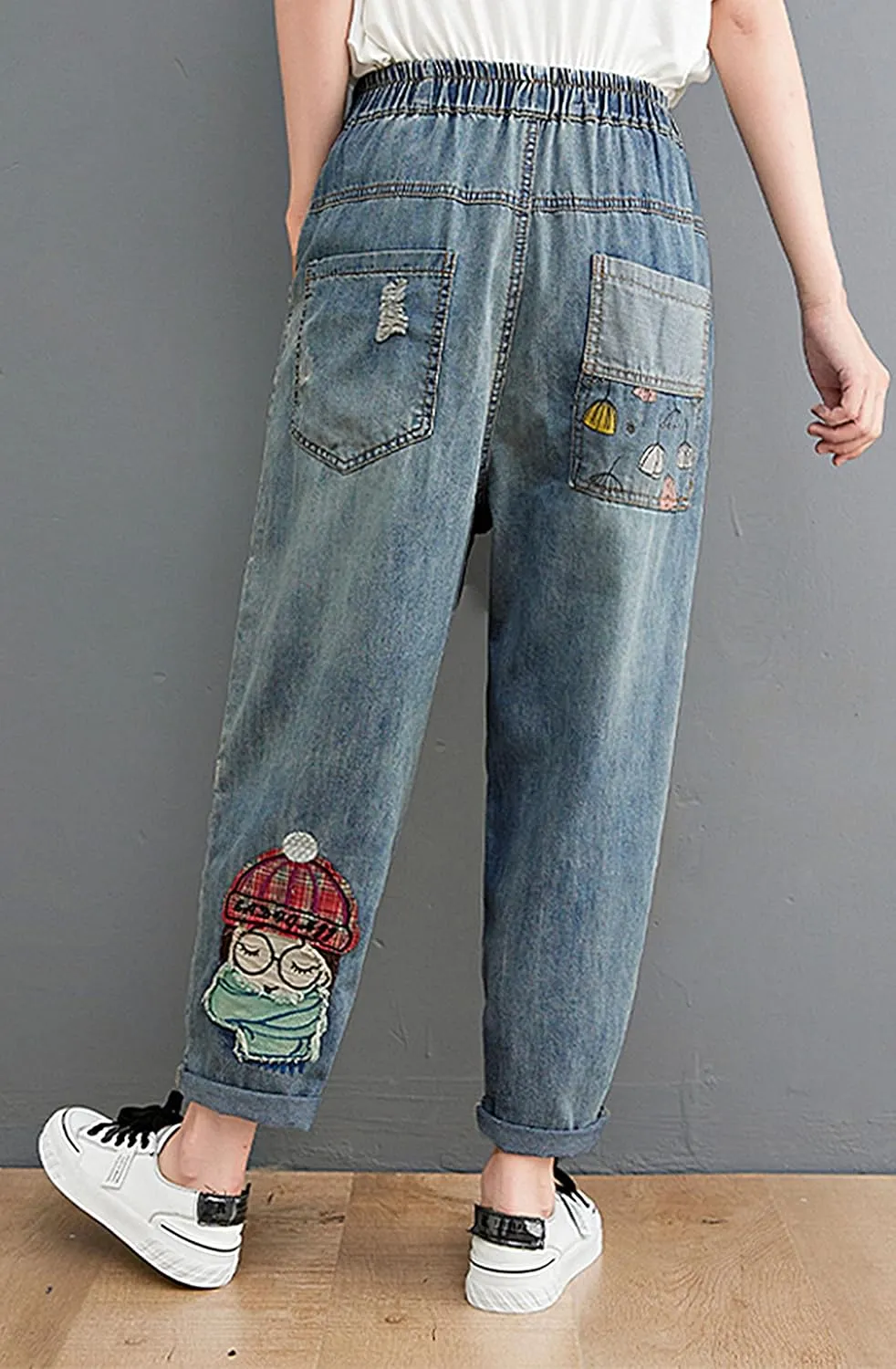 LAI MENG FIVE CATS Women Casual Jeans Denim Loose Pants Elastic Waist with Pocket