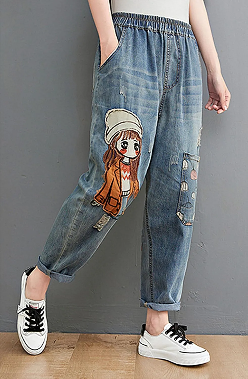 LAI MENG FIVE CATS Women Casual Jeans Denim Loose Pants Elastic Waist with Pocket