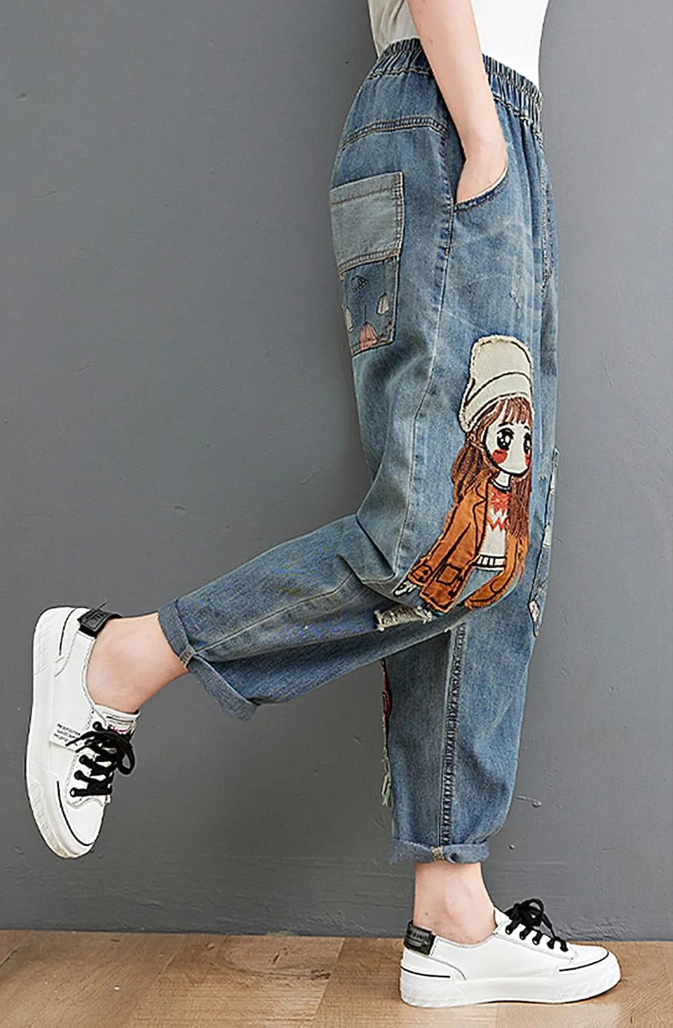 LAI MENG FIVE CATS Women Casual Jeans Denim Loose Pants Elastic Waist with Pocket
