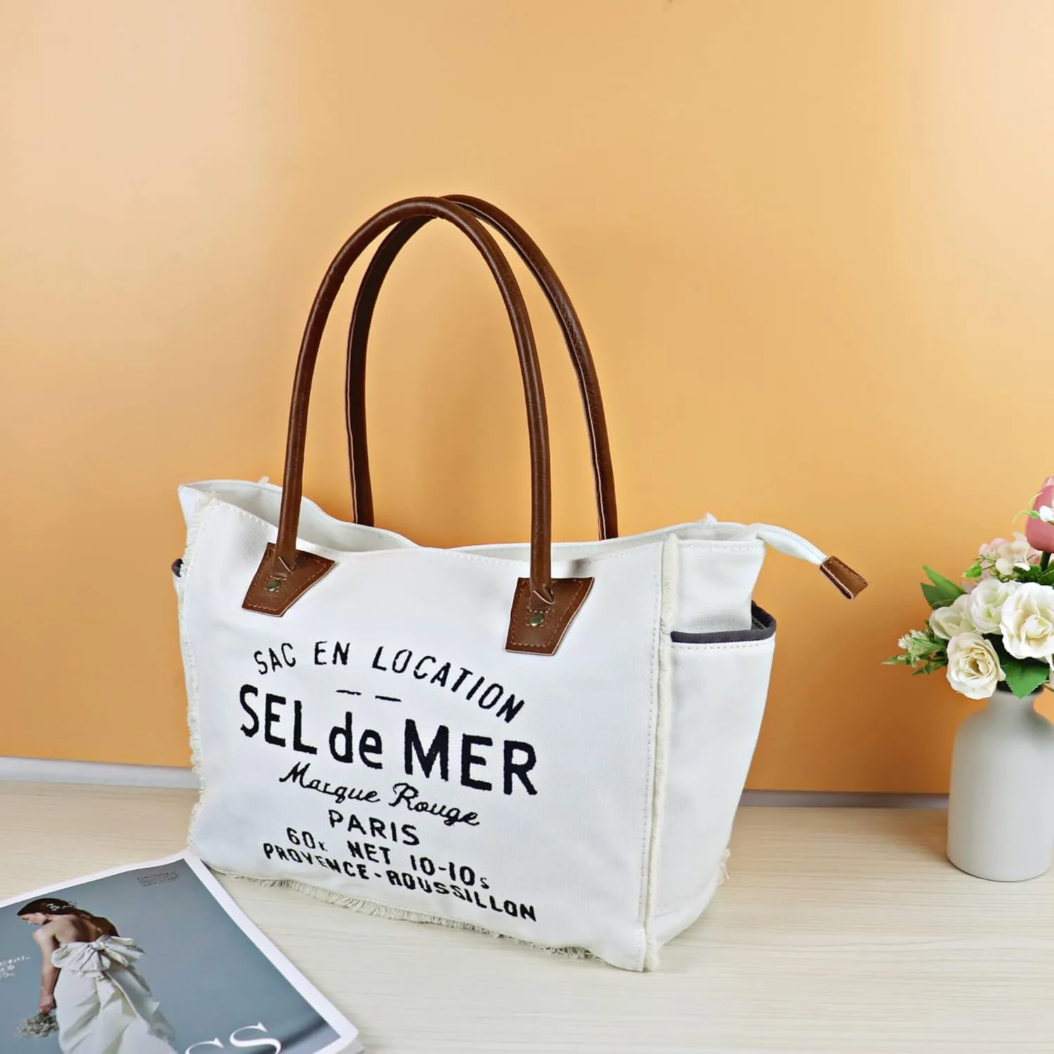 Lamyba Sel De Mer Canvas HandBag Upcycled Canvas Vegan Leather Tote Bag,Small White