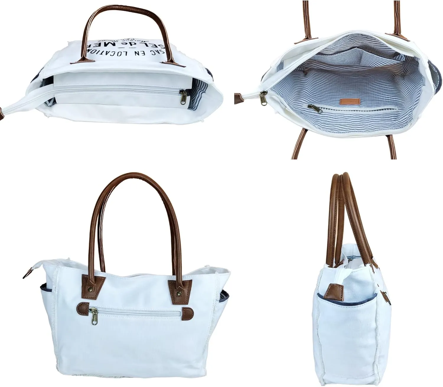 Lamyba Sel De Mer Canvas HandBag Upcycled Canvas Vegan Leather Tote Bag,Small White