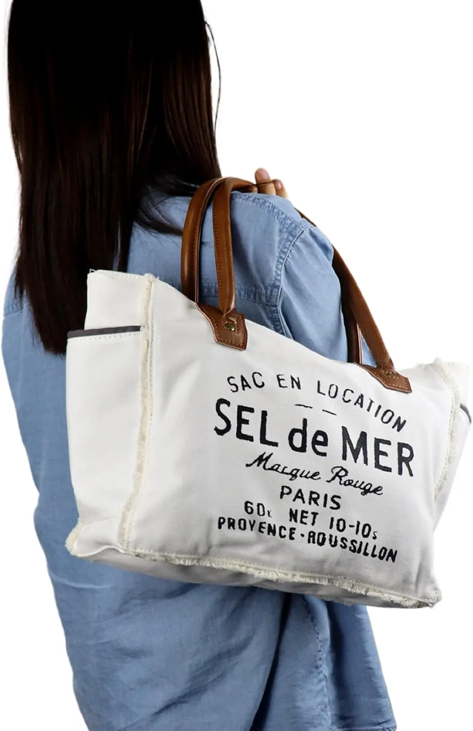 Lamyba Sel De Mer Canvas HandBag Upcycled Canvas Vegan Leather Tote Bag,Small White